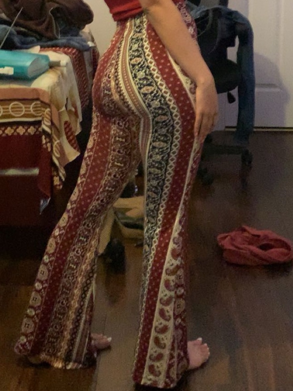 Boho Striped Paisley Wide-Leg Pants - Burgundy & Mustard